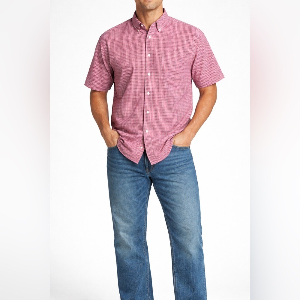 Haggar Generations Mens XL Red White Micro Gingham Short Sleeve Button‎ Down